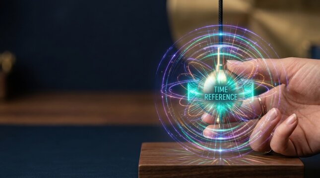 A person holding a glowing object symbolizing precision timing with a brass pendulum bob on an isolated cord