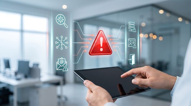 Professional technician managing cyber threat dashboard on tablet with red warning triangle and digital icons for network infection alerts and data security risk assessment