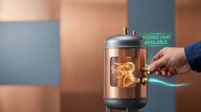 Thermal energy storage visualized with realistic miniature insulated hot-water tank featuring transparent cutaway