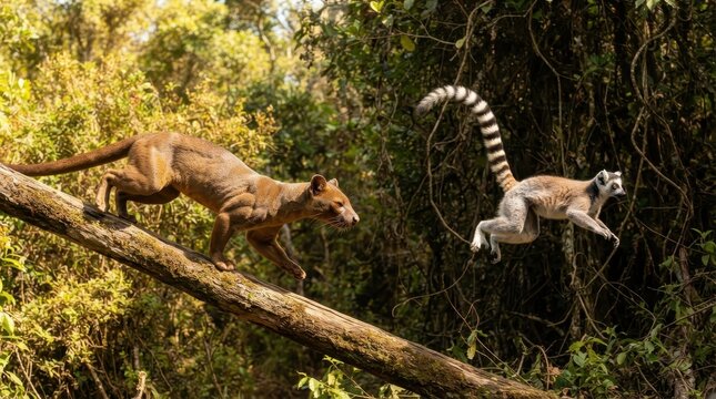 Fossa hunting a ring-tailed lemur in the dense tropical rainforest of Madagascar wilderness