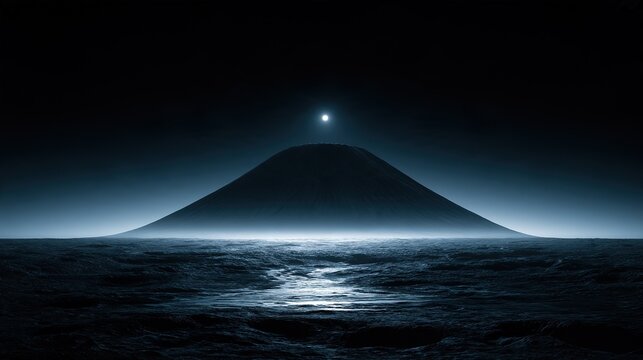 Scientific space illustration of lone Ahuna Mons on Ceres cratered plain, frozen brine flows, wide angle, dark cosmos, soft light