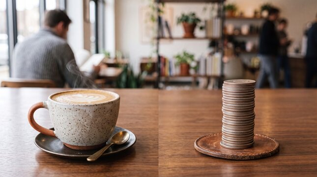 Coffee Latte vs Stack of Coins on Wooden Table, Financial Trade Off
