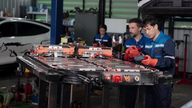 Camera pans across two mechanics testing an electric vehicle battery pack with an insulation tester in an auto repair shop