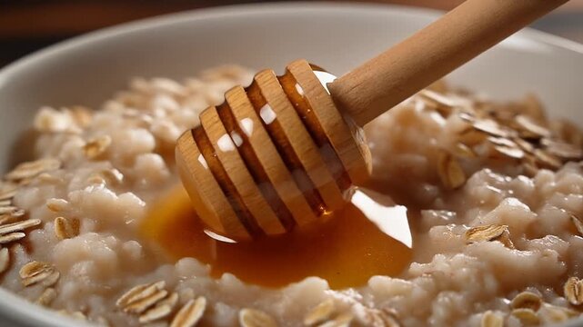 Honey dripping onto oat porridge