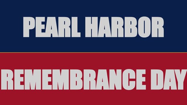 High resolution 4K motion graphic animation featuring a solemn, split-screen counter-flow marquee honoring Pearl Harbor Remembrance Day, styled with a digital LED matrix and the United States flag col