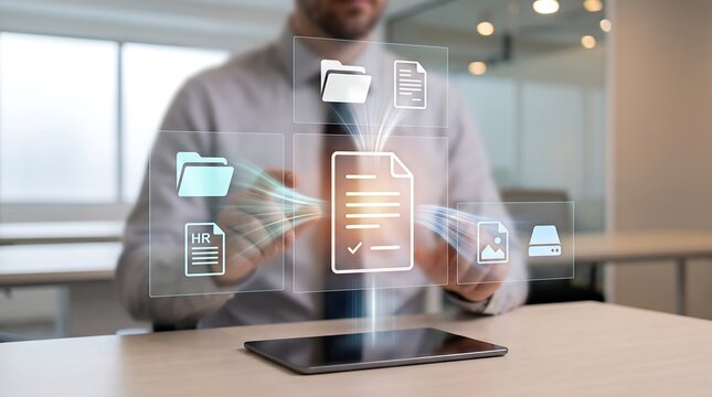 Business professional interacting with digital document management interface for cloud file organization and human resources workflow automation in modern office environment with tablet