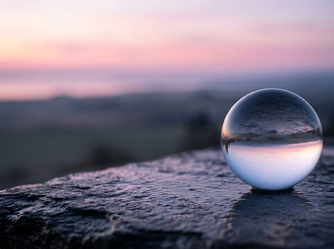 Crystal glass sphere reflecting sunset landscape on wet stone