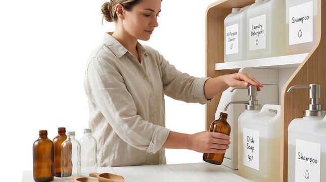 Woman refilling glass bottle with cleaning product at refill station
