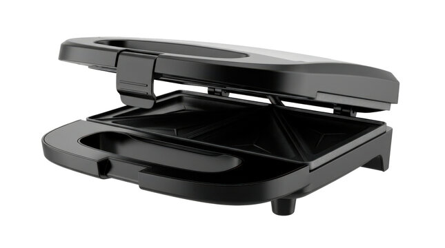 Sandwich maker with flat clamshell body, substantial front handle, rear hinge, nonstick cooking plates inside, and compact countertop design. Photorealistic, front 3/4 view, horizontal orientation,