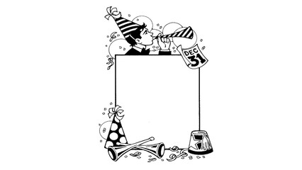 Hand drawn New Year party frame border with party hats, horns, noisemakers, top hat and confetti, black line art sketch illustration with blank copy space for invitations, cards and greetings © Sabtain