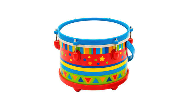Toy drum with colorful cylindrical shell, taut drumhead and child-friendly rounded construction, cheerful beginner percussion instrument, photorealistic, front 3/4 view, vertical orientation,