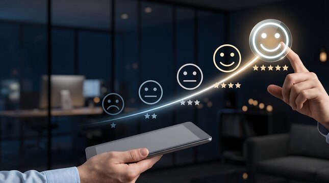 Business person hand touching virtual customer satisfaction rating scale with five stars and happy face icons to represent high quality service feedback and consumer experience analysis