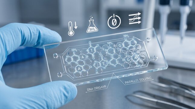 Macro Close-Up Of Researcher's Gloved Hand Holding Transparent Microfluidic Glass Chip With Glowing DNA Base P