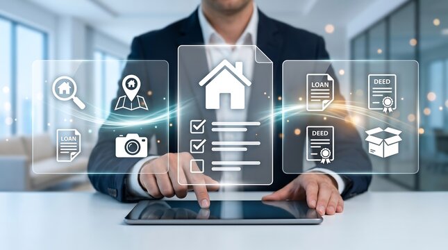 Businessman interacting with real estate loan and deed documentation interface displaying property icons for mortgage processing and property ownership management in modern finance