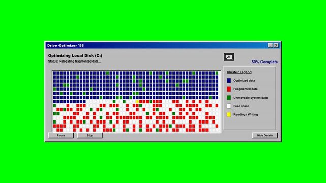 Retro Computer Disk Defragmenter Interface on Green Screen