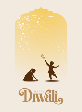Diwali Festival Celebration with Silhouette of Indian Kids and Glowing Light, Minimalist Flat Vector Style, Editable Vector Illustration