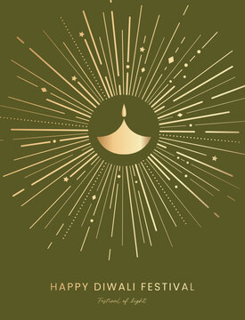 Diwali Festival of Lights with Radiant Oil Lamp and Golden Sunburst, Minimalist Decorative Vector Style, Editable Vector Illustration