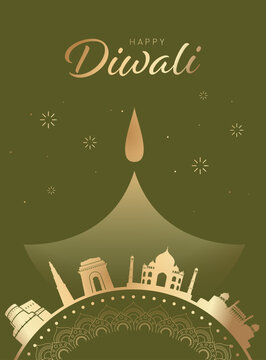 Diwali Festival of Lights with Traditional Indian Architecture and Oil Lamp, Vintage Flat Vector Style, Editable Vector Illustration