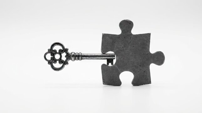 Antique metal key inserted into single grey puzzle piece.