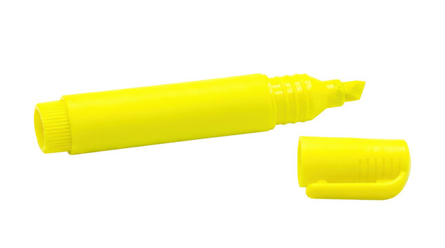 Bright fluorescent yellow highlighter pen with a chisel tip and a removed cap. Photorealistic, side 3/4 view, horizontal orientation, ultra-high-resolution 8K, on a pure white background (#FFFFFF)