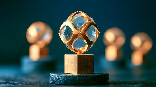 企業の決算やIR説明会スライドに最適な高級ゴールド幾何学3D抽象背景 コピースペース付き