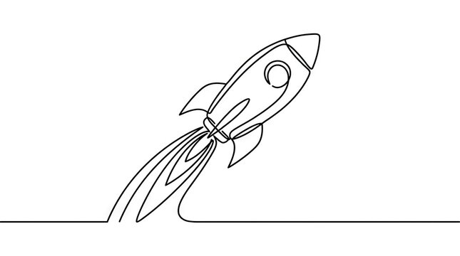 Continuous line art drawing of a launching rocket ship.