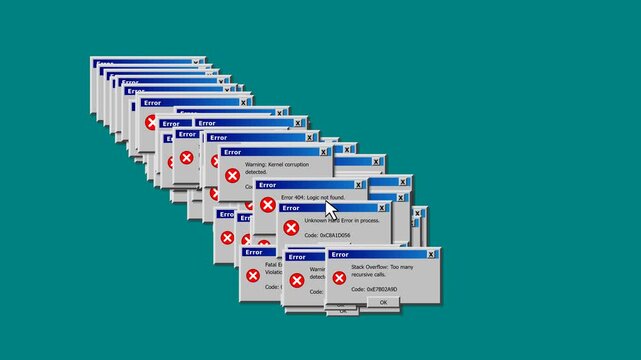 Retro Computer System Error Windows Cascade Effect on Solid Background