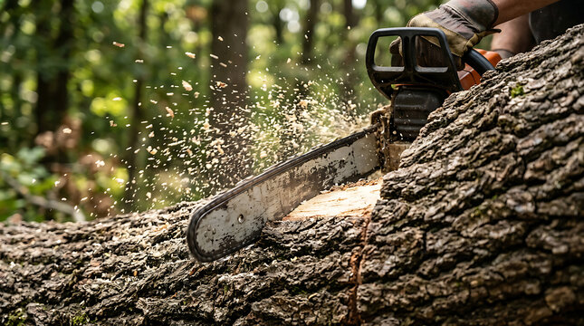 Close-up of a person cutting a large fallen tree trunk with a chainsaw in a lush woodland setting illustrating forestry work and