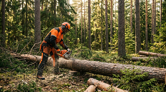 professional logger using chainsaw to fell large tree in dense forest during daylight with safety gear and equipment