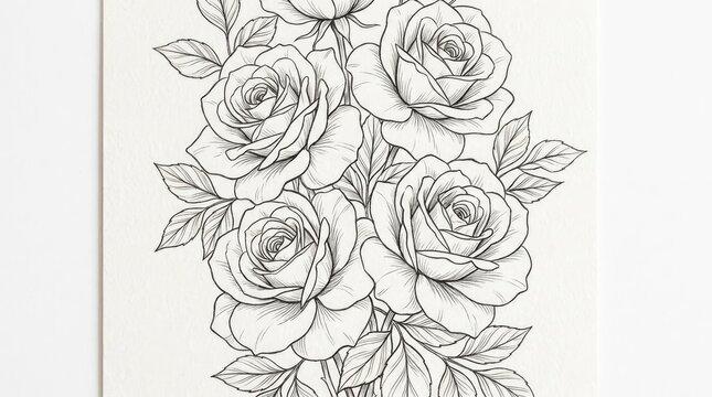 Delicate black and white rose bouquet line art drawing.
