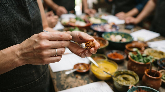 Person tasting a small portion of food from a spoon during a cooking class with many ingredients