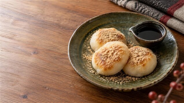 きなこをまぶした丸餅と黒蜜の和のおやつ