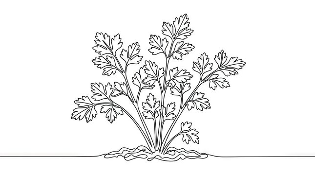 Fresh cilantro herb plant in single continuous line drawing illustration.