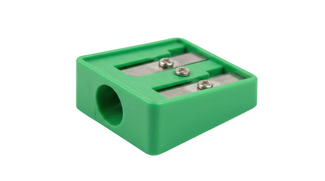 Green plastic pencil sharpener with metal blades during studio lighting isolated on transparent background