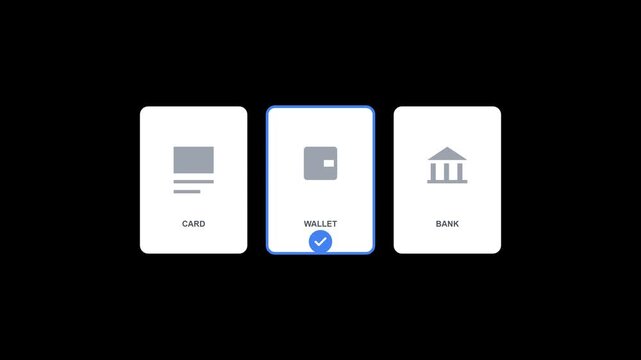 Digital Payment Method Selection Animation with Card Wallet and Bank Options.