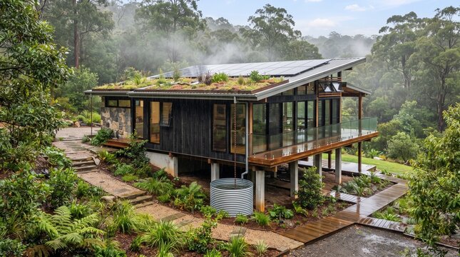 Modern sustainable house with green roof and solar panels nestled in misty forest landscape.