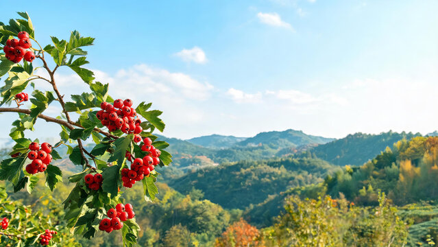Vibrant red hawthorn berries on a branch, set against a lush green mountain landscape under a clear blue sky.