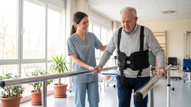 Senior man in sweater and harness, female physical therapist guiding parallel walking bars, walking on rehabilitation equipment during exercise, bright medical clinic center, healthcare photography