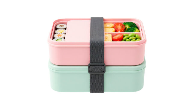 Modern compartmentalized bento box made of smooth pastel-colored plastic, stacked in two tiers with a secure elastic band wrapping around it. Photorealistic, top 3/4 view, horizontal orientation,