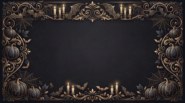 Decorative halloween border featuring ornate golden bats pumpkins and candles on black background.