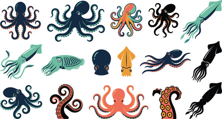 Stylized ocean creatures featuring octopus arms squid tentacles cuttlefish aquatic marine organism graphic drawing artwork © MISSMASUMA