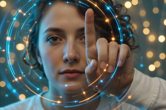 Woman interacting with futuristic UI elements, symbolizing AI and smart workflow in everyday technology.