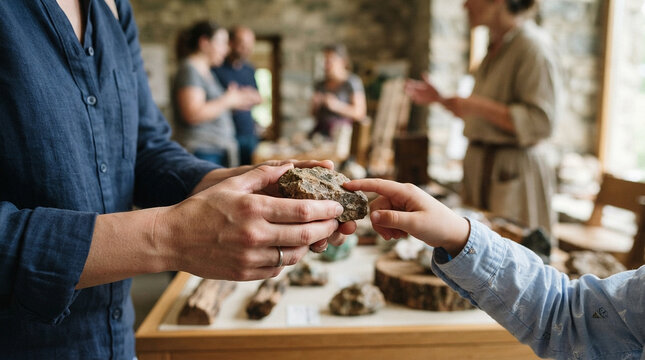 Adult and child examining a rock sample at a museum or educational exhibit
