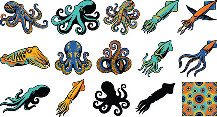 Vibrant sea creatures including detailed octopus squid cuttlefish underwater ocean life elements colorful drawing artwork © MISSMASUMA