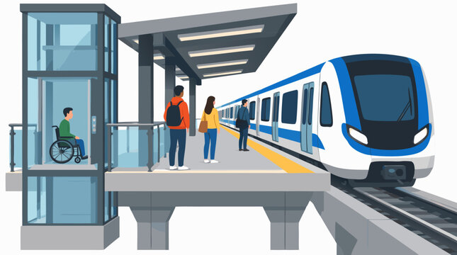 Modern elevated electric metro train arriving at clean urban station platform with glass accessibility elevator and diverse passengers waiting inclusive public transportation vector illustration