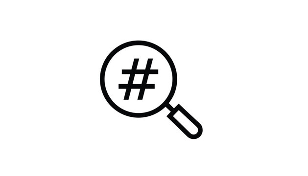 Hashtag symbol under a magnifying glass, representing social media search, trending topics, digital keywords, and online marketing.