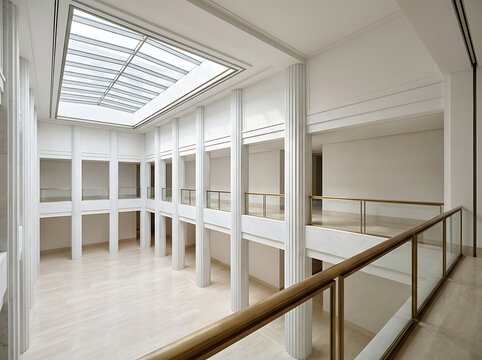Minimalist white indoor atrium with glass roof and mezzanine