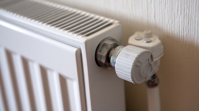 Close up of white radiator valve with textured wall background heating system component