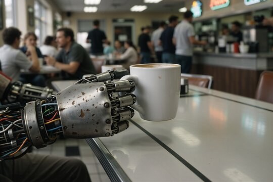 Worn robotic hand holding a coffee mug on a diner table, symbolizing the blend of AI and everyday human life.