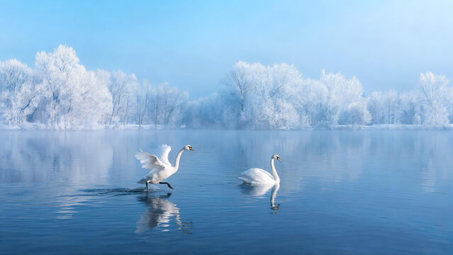 Two white swans on a calm, misty winter lake surrounded by frost-covered trees, one swan taking off from water.